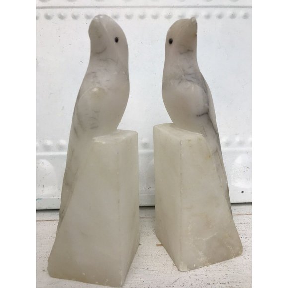 Vtg Art Deco Italian Alabaster Stone Parrot Bird Antq Hand Carved Bookends Luck - Picture 10 of 15